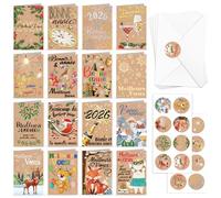 DPKOW 2025 Nouvel An Cartes de Vœux avec Enveloppe Autocollants, 16 x Papier Kraft Cartes de Nouvel An en Français, 2025 Bonne Année Cartes Meilleurs Vœux Nouvel An Postales Bonne Année