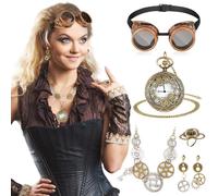 DPKOW 5 Pezzi Accessori Steampunk, Occhiali Steampunk Orologio da Tasca Meccanico con Catena, Ingranaggi Steampunk Collana Orecchini Anello per Accessori Costume Carnevale