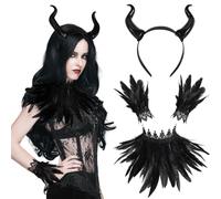 DPKOW Accessori per costumi da Malefica da donna Fascia per capelli Corna da demone nere Mantello Guanti di piume Costumi di Halloween per adulti Abiti da cosplay Accessori