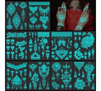 DPKOW Blu Luminoso Tatuaggi Temporanei, 10pcs Glow in the Dark Tattoo Stickers Indiano Pizzo Tatuaggi Temporanei per Donne Ragazze Mano Braccio Corpo Viso Arte, Neon Mandala Fiore Tatuaggi Temporanei
