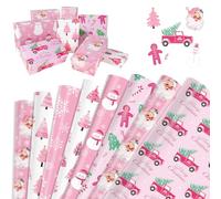 DPKOW Carta da regalo di Natale Rosa, 12 fogli di carta da imballaggio natalizia albero Carta da regalo Pupazzo di neve Fiocco di neve, Articoli per confezione regalo riciclabile Natale, 70 * 50cm