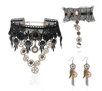 DPKOW Donne Gotico Steampunk Collana Choker Donne Steampunk Ragazza Punk Ciondolo Collana Gotica Nero Pizzo Catena Collo Dichiarazione Choker Bracciale Orecchino per le donne Halloween Cosplay Costume