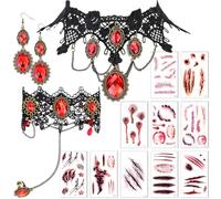 DPKOW Halloween Gothic Vampire Costume Accessori Nero Vampiro Collana Bracciale Orecchini Cicatrice Tatuaggio Temporaneo per Halloween Masquerade Costume, Zombie Vampire Dress-up per le donne ragazze