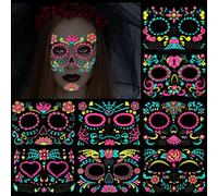 DPKOW Neon Halloween Faccia Tatuaggi Temporanei,Giorno dei Morti Trasferimenti Tatuaggio Viso Teschio Rosa Adesivi Tatuaggi Temporanei per Halloween Carnevale Masquerade Feste a Tema Horror,8 Fogli
