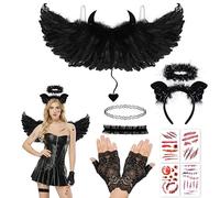 DPKOW Nero Diavolo Abito in Maschera Halloween Costume Diavolo Ali Diavolo Corna Fascia Guanti Choker Collana Cicatrici Tattoo per Halloween Partito Cosplay Costume, Abito da Festa in Maschera