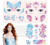 DPKOW Tatuaggi facciali per carnevale Costume da sirena Accessori per donne e ragazze, squame di pesce Tatuaggi temporanei Strass Trucco per il viso Costumi da sirena per carnevale Accessori