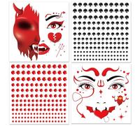 DPKOW Tatuaggio Viso Diavolo con Brillantini Viso, Halloween Tatuaggio Temporaneo Diavolo Accessori per Costume di Halloween Trucco per Uomini Donne e Bambini Tatuaggi Finti