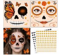 DPKOW Tatuaggio Viso Halloween con Brillantini Viso, Halloween Tatuaggi Temporanei Teschio a Farfalla Accessori per Costume di Halloween Trucco per Uomini Donne e Bambini Tatuaggi Finti