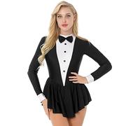 dPois Abito da Ballo Donna Latino Americano Leotards Vestito Danza Classica Tuxedo Ruffle Body da Balletto Costume da Cameriera Cosplay Abito da Pattinaggio Performance Nero M