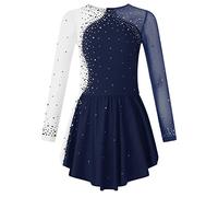 dPois Abito da Pattinaggio Artistico Bambina Paillettes Glitter Leotards Vestito Danza Classica Body da Ballo Manica Lunga Latino Jazz Samba Rumba Balletto Danza Moderna Blu Scuro I 9-10 Anni