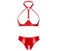 dPois Babydoll Donna Sexy Hot per Sesso Aperto per Sesso Completi Intimi Set Lingerie Curvy Camicie da Notte in Pelle Verniciata Lucida Push Up Reggiseno e Perizoma Rosso B S