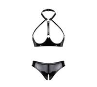 dPois Babydoll Donna Sexy Hot per Sesso Aperto per Sesso Completi Intimi Set Lingerie Curvy Camicie da Notte in Pelle Verniciata Lucida Push Up Reggiseno e Perizoma Nero B S