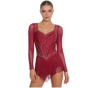 dPois Body Danza Classica Donna Maniche Lunghe Abito da Pattinaggio Artistico Vestito da Ballo Latino Americano Tango con Nappe Frange Costume Danza Samba Salsa Borgogna M