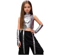 dPois Canotta da Danza Hip Hop Bambina Lucida Crop Top da Ballo di Strada Maglia da Ginnastica Artistica Collo Alto Canottiera da Yoga Top Corto da Spettacoli Teatrali B Argento 9-10 Anni