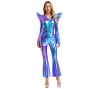 dPois Costume Anni '70 Stile Disco Donna Jumpsuit da Discoteca Festa Rave Party Body Danza Ginnastica Lucido Costume Carnevale Halloween Clubwear Dancewear Blu S