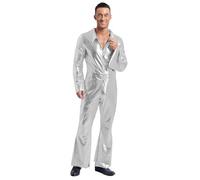 dPois Costume Carnevale Uomo Abito Travestimento Tuta Stile Anni 80 Anni 70 Tuta Intera da Discoteca Festa Rave Costume Hippie Ballerino Ginnastica One Piece Romper Jumpsuit Argento S