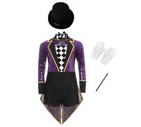 dPois Costume da Banda Majorette Bambina Vestito da Direttore del Circo con Papillon Cappello Guanti Uniforme da Domatore Circo Costume Cosplay Carnevale Halloween Viola 15-16 anni