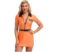 dPois Costume da Prigione Arancione Donna Vestito Corto da Carcerato Detenuto Galeotto Scollo a V Abito da Criminale Gioco di Ruolo Costume Carnevale Halloween Natale Arancione XXL