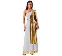 dPois Costume Romano Donna Toga Dea Greca Metallico Lucido Vestito Antica Romana Monospalla Abito da Danza Lirica Contemporanea Costume Carnevale Festa di Halloween Natale Bianco L