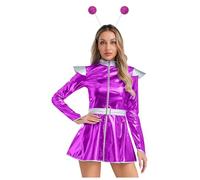 dPois Donna Costume da Alieno Lucido Vestito da Spazio con Cerchietto Alieno Abito da Astronauta Clubwear per Discoteca Alien Costume Space Girl Carnevale Halloween Viola L