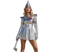 dPois Donna Vestito Robot Costume Argentato Da Alieno Tuta Spaziale Spazio | Colletto Alto,Aggiunta Cuore Scintillante Rosso,Vestito Personaggio Fiaba Retrò,Spettacolo,Feste A Tema,Festa,Gioco Ruolo