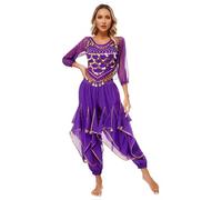 dPois Donne Danza del Ventre Costume Carnevale Halloween Abito Travestimento Ballo Indiano Arabo Principessa Completo Danzatrice del Ventre Professionale Crop Top Pantaloni Viola Taglia Unica