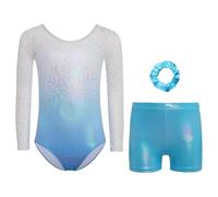 dPois Ragazze Ginnastica Leotards Body Danza Classica Ginnastica Artistica Manica Lunga Tuta da Pattinaggio Artistico con Pantaloncini e Fascia per Capelli Dancewear Blu 7-8 anni