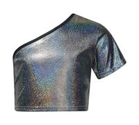dPois Top Corto Danza Moderna Jazz Bambina Crop Top Ballo di Strada Monospalla Maglia Top da Danza del Ventre Maglietta Sportiva da Danza Yoga Allenamento T-Shirt Felpa Nero 13-14 Anni