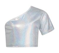 dPois Top Corto Danza Moderna Jazz Bambina Crop Top Ballo di Strada Monospalla Maglia Top da Danza del Ventre Maglietta Sportiva da Danza Yoga Allenamento T-Shirt Felpa Argento 9-10 Anni