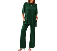 Dpptgh Casual 2-Piece Loose-Fit Short Sleeve Top & Wide-Leg Pants Set with Pockets, Women's Side Slit Outfits Tracksuit(Dark Green_M)
