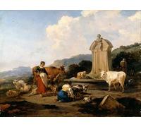 DQCJIYIGL Dipinti Famosi Painting Quadri Tela Mural Dipinto Fuente romana con animales y figuras de Nicolaes Pietersz Berchem per Decorazioni per la Casa 60x90cm