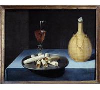 DQCJIYIGL Dipinti Famosi Painting Quadri Tela Mural Dipinto The Still Life Wafer Postre de galletas Botella de vino y copa de Lubin Baugin per Decorazioni per la Casa 60x90cm