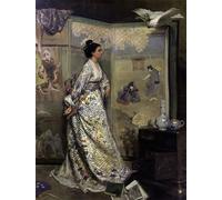 DQCJIYIGL Dipinti Famosi Tela e Immagini Vintage Quadri el abanico japonés de Gustave Leonhard De Jonghe per L'arredamento Della Camera da Letto 60x90cm
