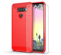 DQG per LG K50S (6.50"), TPU Cover Slim Gel Carbon Fiber Morbida Case Flessibile + Pellicola Protettiva in Vetro TemperatoFibra di Carbonio Custodia per LG K50S (6.50") - Rosso