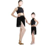 DQZRTUECA Abbigliamento di Tango Latino, Abito da Ballo Latino Concorso Costume Gonna Nappa Training Paillettes Club Ragazze Nere 130(140)