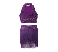 DQZRTUECA Abbigliamento di Tango Latino, Abito da Ballo Latino Viola 120-150 Concorso di Paillettes con Nappe(150)