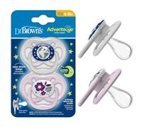 Dr. Brown's Advantage - Ciuccio per bambini che si illumina al buio, completamente simmetrico, con lampadina in silicone morbido, colore viola, 6-18 m, senza BPA, confezione da 2