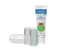 Dr. Brown's Set di 2 spazzolini da denti e dentifricio in 100% silicone, con custodia, dentifricio alla fragola senza fluoro, grigio e verde chiaro