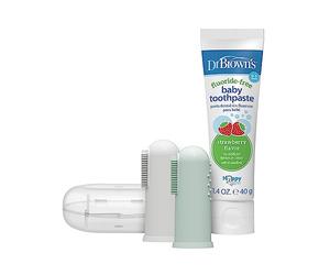 Dr. Brown's Set di 2 spazzolini da denti e dentifricio in 100% silicone, con custodia, dentifricio alla fragola senza fluoro, grigio e verde chiaro