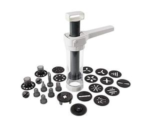 Dr. Oetker Pressa per pasticceria con 12 dischi e 6 beccucci, pressa per biscotti, siringa di alta qualità per decorazioni, pressa per biscotti con grande volume di riempimento (colore: bianco/grigio)