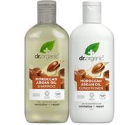 Dr Organic, set shampoo e balsamo all'olio di argan marocchino con borsa da viaggio, cura della pelle per donne e uomini, rivitalizza, idrata e nutre, vegano, cruelty free, parabeni e SLS, confezione