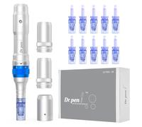 Dr.Pen - Penna per microneedling A6 per viso e corpo, Derma Pen per siero cicatrici a 5 velocità di profondità, regolabile, con 2 batterie di riserva e 10 cartucce, con cavo a 36 pin e spina UK