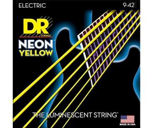 DR String NYE-9 Neon Yellow Set di corde per chitarra elettriche | Effetto UV e luce nera, rivestimento K3, lunga durata, suono chiaro, nucleo esagonale, acciaio placcato argento