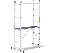 DRABEST - Scala multiuso in alluminio, 2 x 8 gradini con piattaforma ponteggio 3 in 1, pieghevole, carico massimo 150 kg, gancio secchio incluso