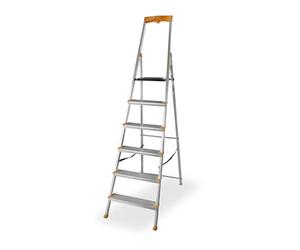 DRABEST Scala pieghevole a 6 gradini, in alluminio, stabile scala pieghevole con ripiano e gradini di larghezza, 120 mm, antiscivolo, scala per uso domestico e lavoro, fino a 150 kg