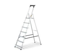 DRABEST Scala pieghevole a 7 gradini, scala pieghevole in alluminio, con ripiano per attrezzi e piattaforma di lavoro, 7 gradini, capacità 125 kg, scala multiuso, 50 x 215 x 11 cm