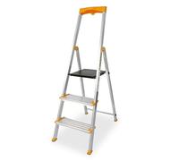 DRABEST Scaletta pieghevole a 3 gradini - Scaletta in alluminio - Scaletta pieghevole con portautensili e gradini extra larghi 120 mm, antiscivolo - Capacità di carico fino a 150 kg