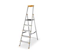 DRABEST Scaletta pieghevole a 5 gradini - Scaletta in alluminio - Scaletta pieghevole con portautensili e gradini extra larghi 120 mm, antiscivolo - Capacità di carico fino a 150 kg