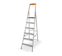DRABEST - Scaletta pieghevole a 6 gradini - Scaletta in alluminio - Scaletta pieghevole con portautensili e gradini larghi 120 mm, antiscivolo - Capacità di carico fino a 150 kg