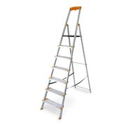 DRABEST Scaletta pieghevole a 7 gradini - Scaletta in alluminio - Scaletta pieghevole con portautensili e gradini extra larghi 120 mm, antiscivolo - Capacità di carico fino a 150 kg